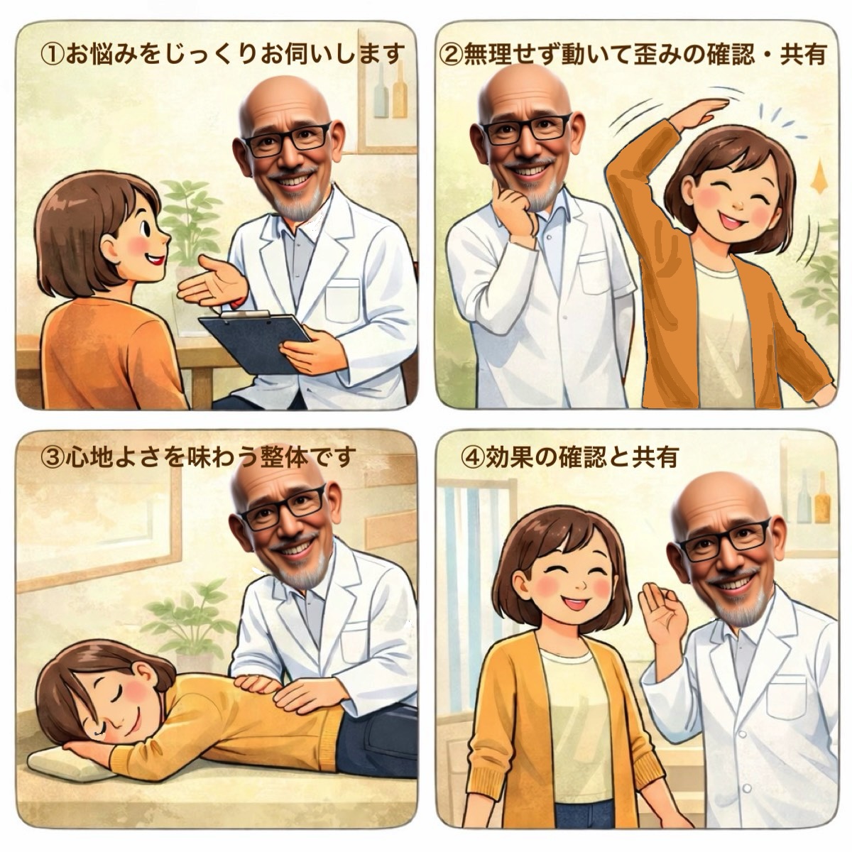 春日部市の整体院「おき楽・ごく楽」施術の流れの4コマ漫画